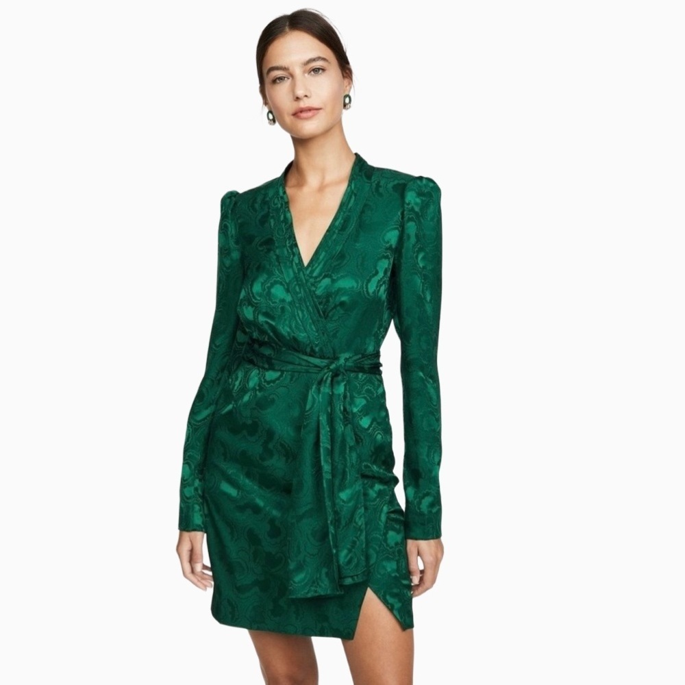 Saloni Bibi Mini Dress Emerald Green Silk Jacquard Paisley Wrap Style Size 6